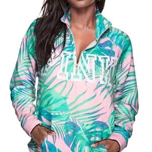 Victoria’s Secret Pink Tropical Palm Tree Leaves Quarter Zip Sweatshirt Sz M